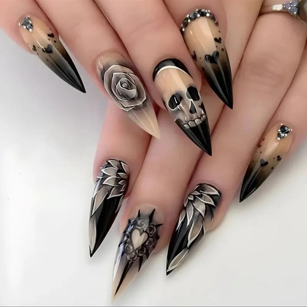 Press-On Nails, NIB, ALMOND SHAPE, Spooky, Goth, Dark Side, Instant Mani…